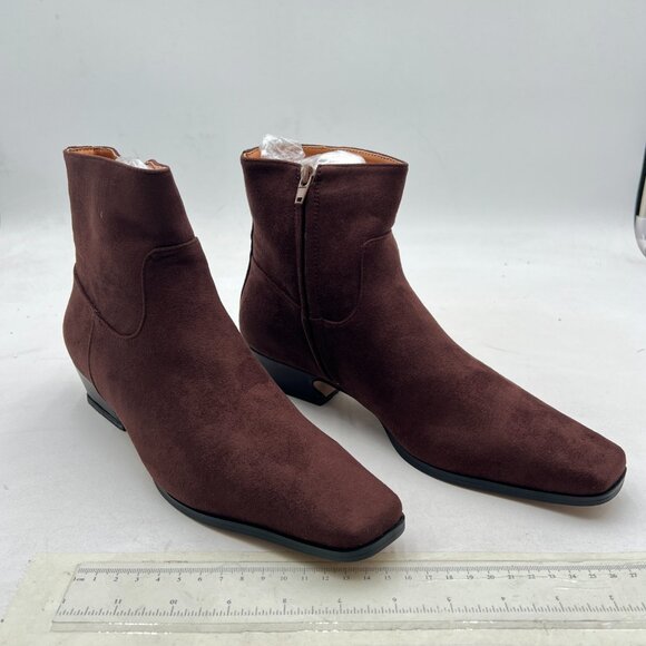 Brown Square Toe Low Chunky Heels Side Zipper Ankle Boots Formal Business Shoes - Picture 4 of 8